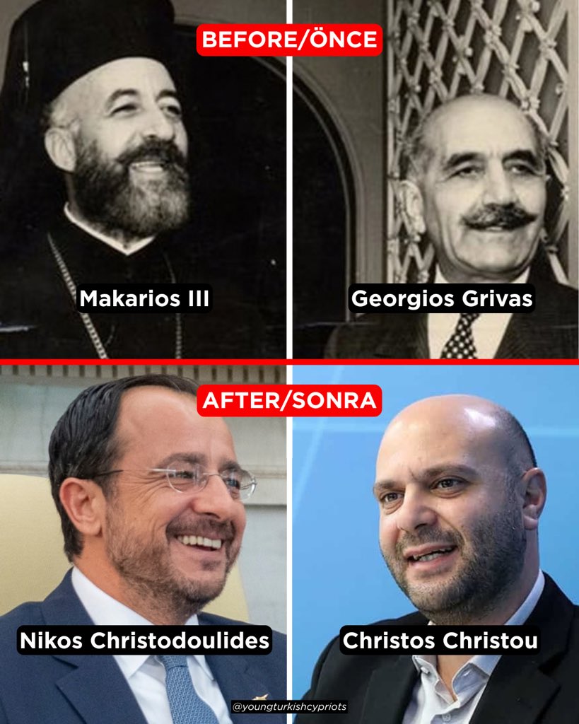 Young_Turk_Cyp's tweet photo. Throughout the 1950s and 1960s, Archbishop Makarios III set out to remove Turkish Cypriots from political life, stripping away the rights guaranteed to them as co-founders of the 1960 Republic. 

Georgios Grivas pursued the same goal through violence, using EOKA to carry out ethnic cleansing and massacres against Turkish Cypriot villages. One worked through politics and the other through force, yet until at least 1967 the two men worked hand in hand.

Today, Nikos Christodoulides presents himself to the world as pro-solution and pro-dialogue, while his ELAM allies, led by Christos Christou, lead the charge to isolate Turkish Cypriots in every way possible, from children's football camps in Barcelona to music festivals in the North. 

The division of labour is the same as it was sixty years ago, with one side speaking the language of dialogue abroad while the other works to shut Turkish Cypriots out of the world.

The only difference between then and now is that Turkish Cypriots have Türkiye protecting them.