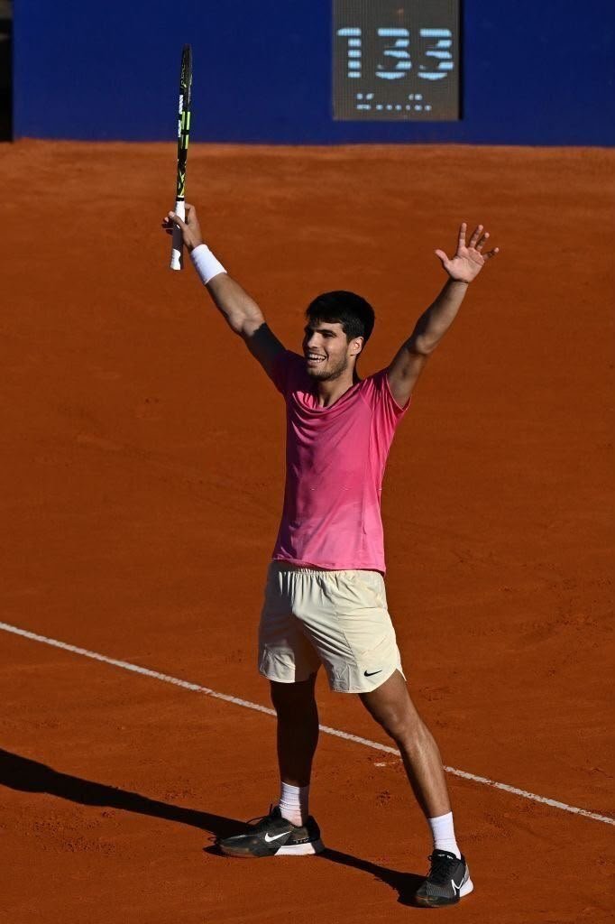 Mossmoviesjo's tweet photo. professional tennis player Carlos Alcaraz celebrating on a red clay court..... https://t.co/O2JADIoWqQ