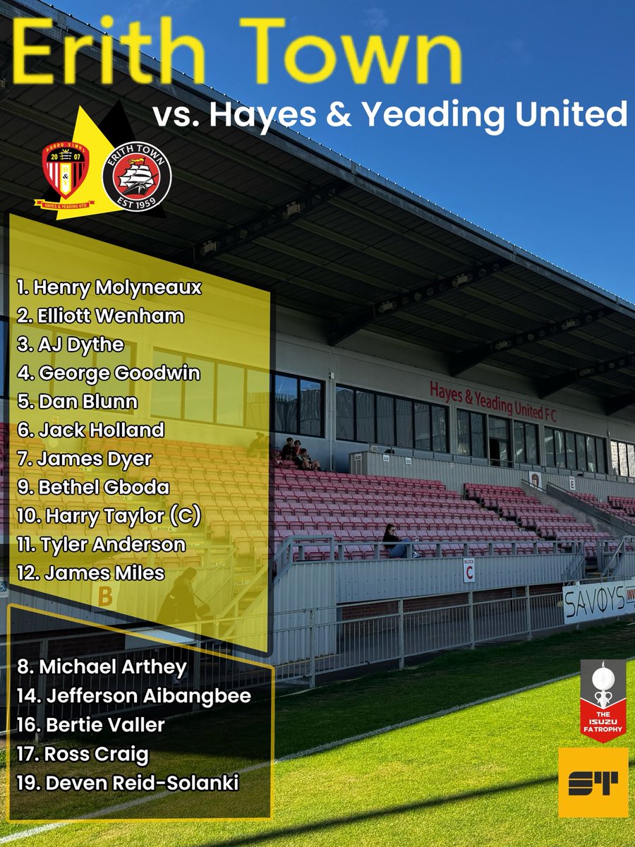 ErithTown's tweet photo. 📋 | TEAM NEWS

Here is today’s team to take on @hyufc_official.

#UpTheDockers #DOCKERS https://t.co/beV6kMpjgg
