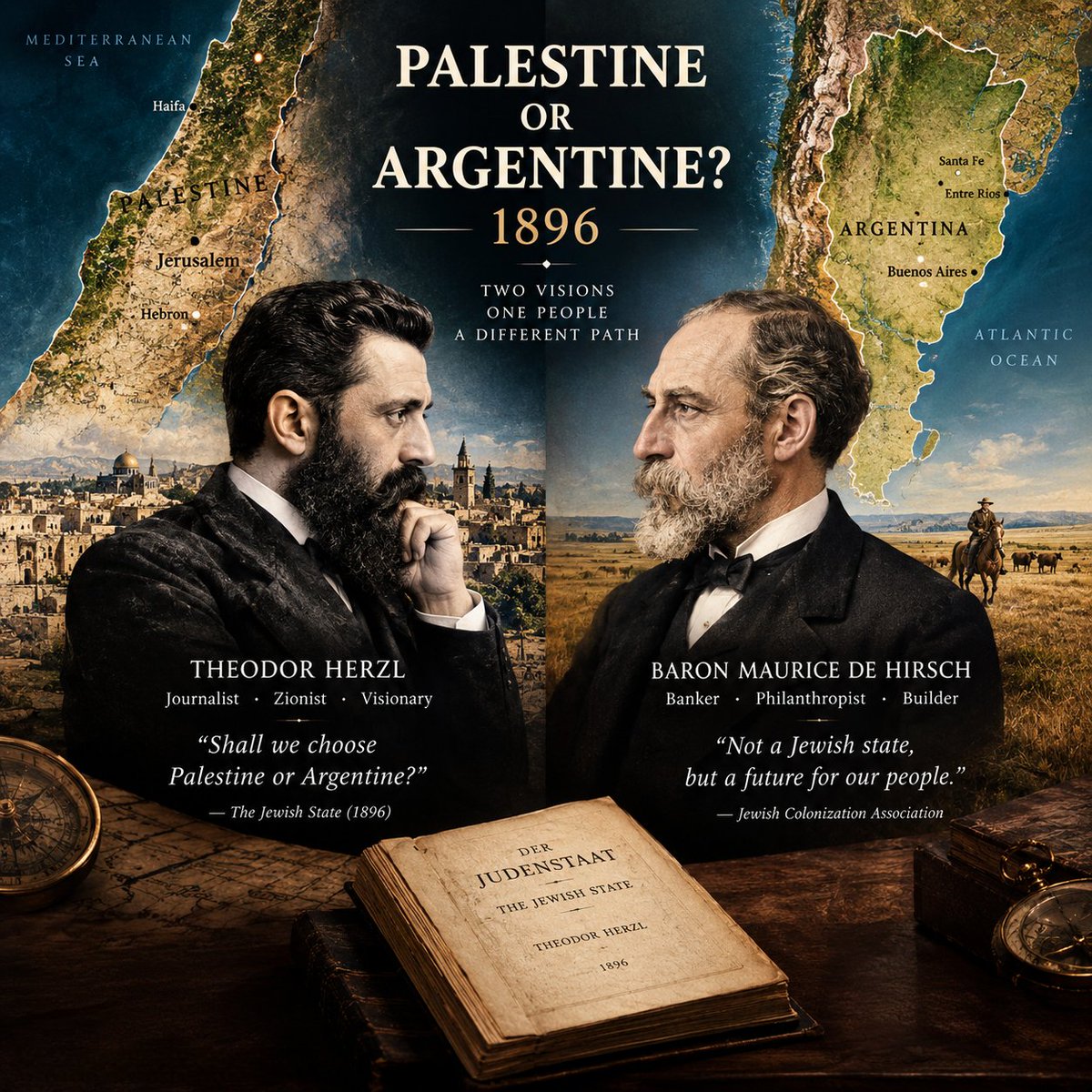drachenfutter78's tweet photo. 🧵رشته‌توییت «آرژانتین یا فلسطین؟ دو رؤیا برای یک ملت»

@SamanthaIrani

1⃣
سال ۱۸۹۶
هرتسل، پدر صهیونیسم، فصلی از کتابش رو به یه سؤال عجیب اختصاص داد :

«فلسطین یا آرژانتین؟» 🇵🇸🇦🇷

این سؤال از کجا اومده بود؟
از مردی که چند سال قبل‌تر، تنها، همین آزمایش رو شروع کرده بود... https://t.co/1xyL8ImT3W