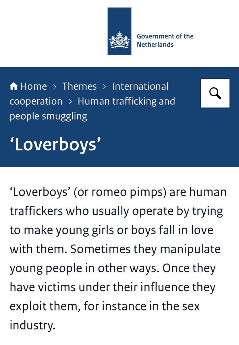 EvaVlaar's tweet photo. Did you know the Netherlands has its own version of the Rotherham rapes and the terms used to cover them up are arguably worse?

What British reports called “Asian grooming gangs”, Dutch police, media and government routinely call “loverboy networks.” 

The term, in a sick and twisted way, sounds almost romantic. But what it really is, is a network of predominantly Moroccan men, who operate in a systematic way, nation wide. Their MO is to isolate a girl from family and friends, then pushes her into sex with others and into prostitution.

Don’t believe me? Here’s the official state website referring to it: