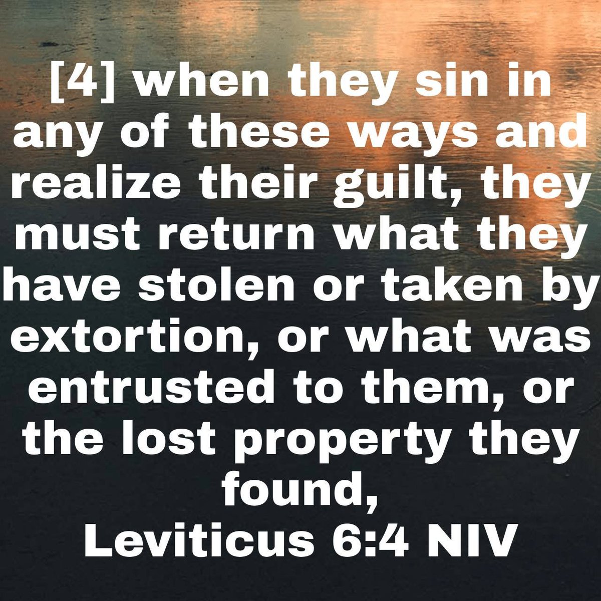 CharlesEdisson's tweet photo. “when they sin in any of these ways and realize their guilt, they must return what they have stolen or taken by extortion, or what was entrusted to them, or the lost property they found, ”
Leviticus 6:4 NIV

https://t.co/knVOMSKcj3 https://t.co/9eu9By7DYN