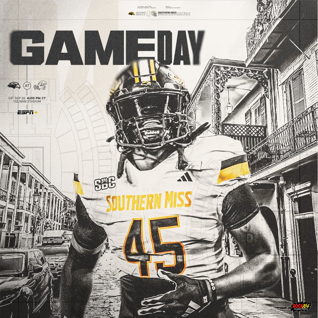 SouthernMissFB's tweet photo. 𝗚𝗮𝗺𝗲 𝗗𝗮𝘆 𝗶𝗻 𝘁𝗵𝗲 𝗕𝗶𝗴 𝗘𝗮𝘀𝘆

🆚 Tulane
⏲️ 6 pm 
📺 ESPN+
📊https://t.co/TnmCF7u7IC
📻 https://t.co/HQhypbLkba

#SMTTT https://t.co/jt1T6ycXHk