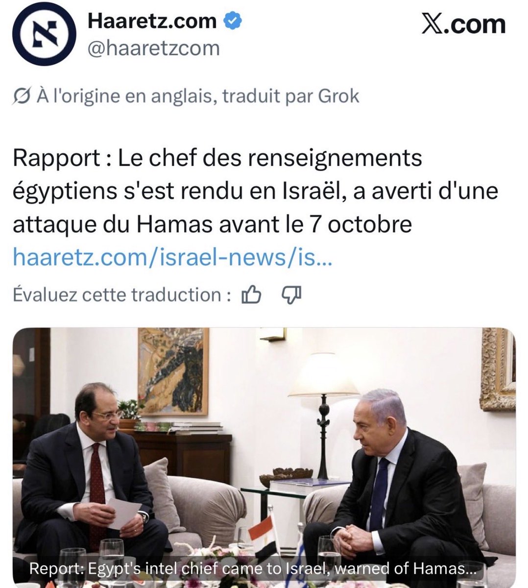 CaronAymericoff's tweet photo. Donc si on résume :
L’Egypte a prévenu Netanyahou 
les Émirats arabes unis ont prévenu Netanyahou 
Les services secrets israéliens ont prévenu Netanyahou 
Les observatrices postées à la frontière avec Gaza dans les jours qui ont précédé l’attaque du 7 octobre ont prévenu leur hiérarchie.
Et pourtant Netanyahou n’a rien fait pour protéger son peuple de cette attaque dont il avait connaissance.
Netanyahou, qui a fait financer le Hamas pendant des années.

Les choses sont claires.