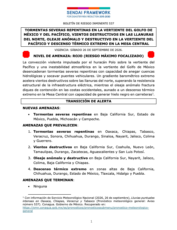 siempreinexorab's tweet photo. Boletín de Riesgo Inminente 537 para México
Nivel de Amenaza: Rojo (riesgo máximo focalizado)
Vigencia: sábado 26 de septiembre de 2026
Sendai Framework #EW4All - Impact Based Forecast #IBF
@PCEstatalVer @ProcivilTabasco @CEPCYGR_GobOax @pcivilchiapas @cepcsonora (hilo) https://t.co/WMVjVR09El