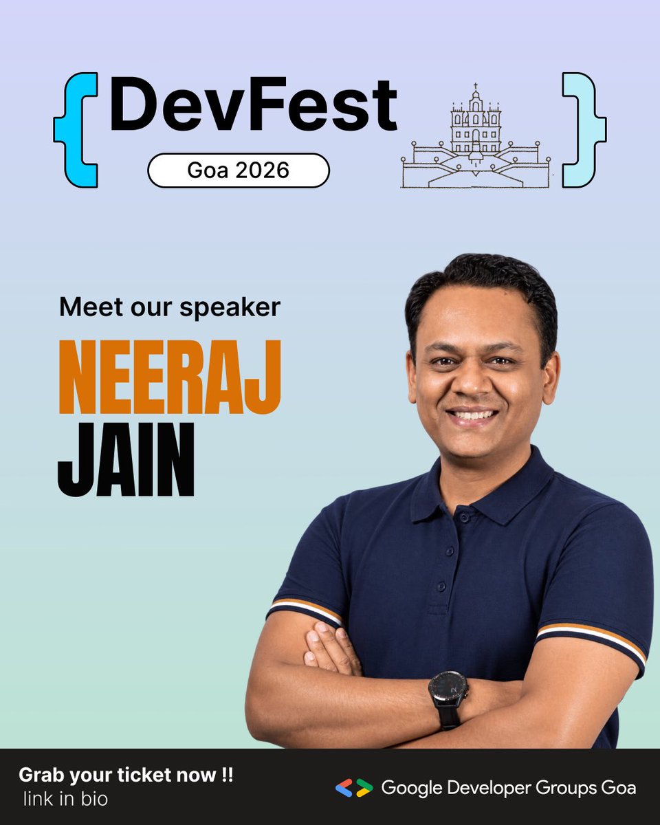 GDG_Goa's tweet photo. 🚀 Meet Neraj Jain at DevFest Goa ‘26!
A Senior Director and Site Lead at Salesforce, Ex-Flipkart, YouTube &amp; SAP, Neraj is joining us for an insightful session on Building the Wrong Thing, Faster? ���
📅 10 October 2026 | 📍 Goa
🎟️ Grab your tickets now — Link in bio!
#devfestgoa https://t.co/ijmo3vHlpi