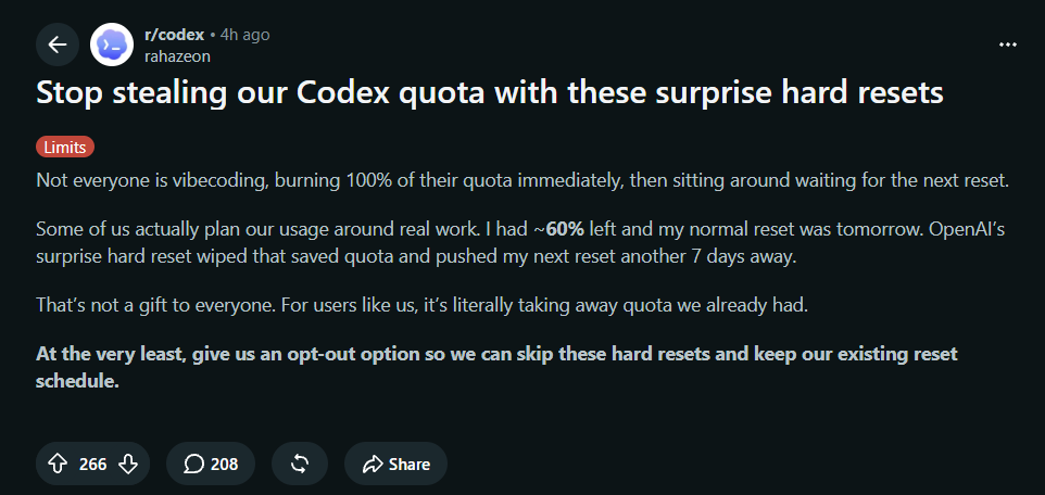 xw33bttv's tweet photo. dopamine fried code bros finally seeing the forest through the trees lol

the "resets" were always about conditioning you to frantically burn tokens so that when the handouts stopped, you'd hopefully convert into the credit funnel

the irony is it also clawed back a shitload of compute from anyone who didn't gamify chasing the tibo dragon

if it's thursday, your weekly reset is monday, and you've still got 50% left, a reset on that thursday basically steals that remaining value and pushes your next window out another 3 days

so while they're "giving away" compute to power users, they're simultaneously clawing it back from everyone else

for whatever those resets cost them, they've probably recovered a significant chunk through this

the only version of this that isn't predatory is a banked reset the user chooses when to spend