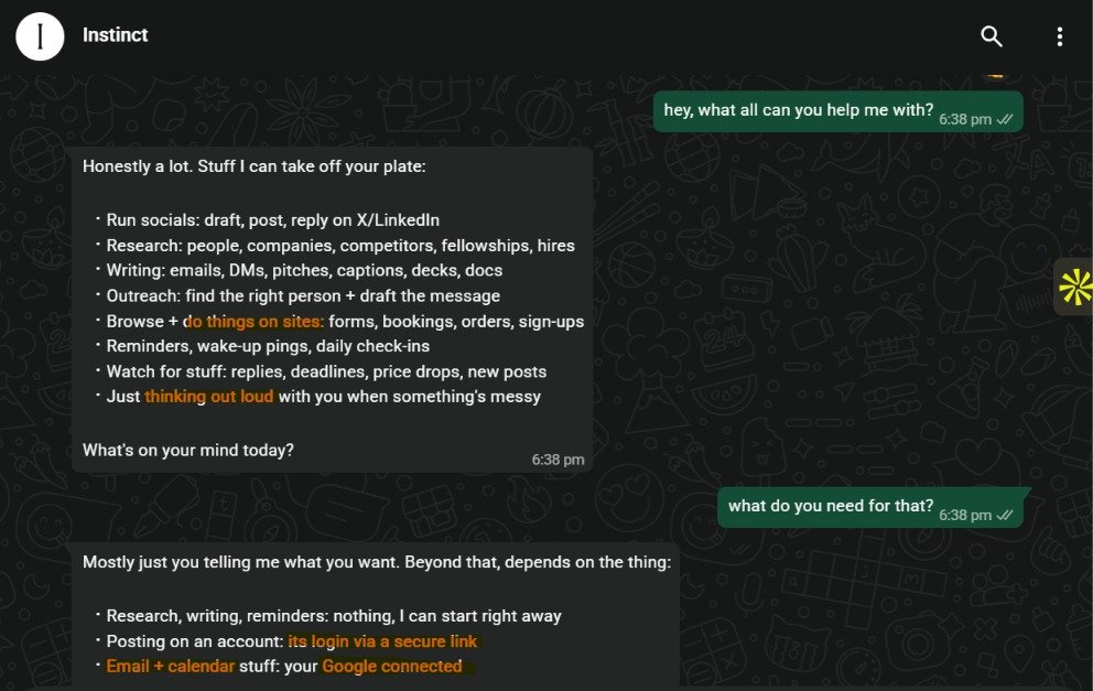 GirdherVishwas's tweet photo. Instinct was never invite only. Even YOU have access.

You're not getting a free PA. You're getting played.

I've seen friends hand it Gmail, cards, WhatsApp, even voice notes

Nobody's asking where does the data go?

It's your identity and your voice, cloned.
Read the T&amp;Cs ppl! https://t.co/nE5yCpxcZi
