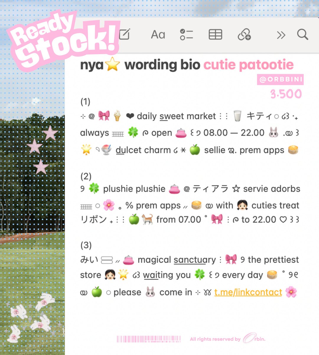 orbbini's tweet photo. 🥞 യ help repost please? thankie 🎀 ୨

nya⭐️ bawa⠀03 bio cutie patootie ⋮ 🥛
𓈈 ⋮⋮ 👛⠀nyang⠀bisa⠀sung⠀dijemput
🌸 by⠀DM⠀atau⠀tele⠀꒰ ੭ https://t.co/QaY71zEGAg

◌ . . 🐰 ᰍ⠀_____⠀price : 3.5OO / each

❤︎ ⠀ t. #bealanja https://t.co/RuckgWHsC4