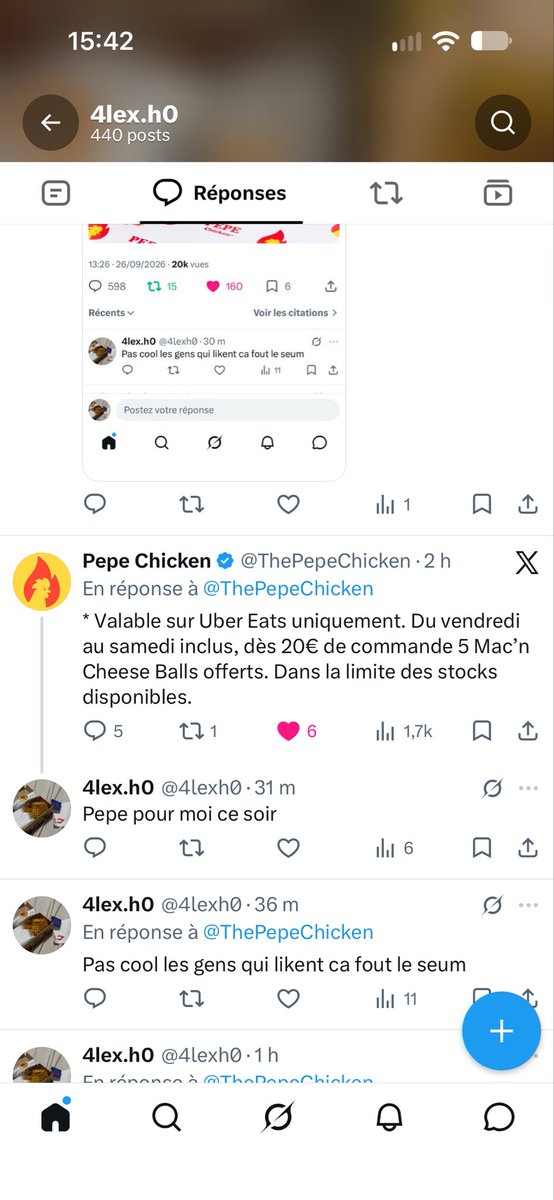 4lexh0's tweet photo. @ThePepeChicken @ThePepeChicken carrement j’ai deux commentaires avec 0likes https://t.co/mb2ssRGyh1