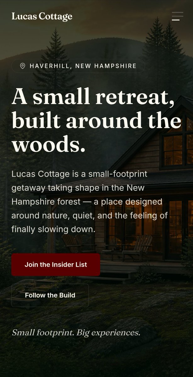 LifeLesson617's tweet photo. 🌲 We’re officially online.
The Lucas Cottage journey now has a home.
Follow the build. Join the Insider List. Be there from the beginning.
https://t.co/HGOVoO2pWX
Small footprint. Big experiences.
#LucasCottage #NewHampshire #WhiteMountains #CabinBuild https://t.co/iRheuBHdt0
