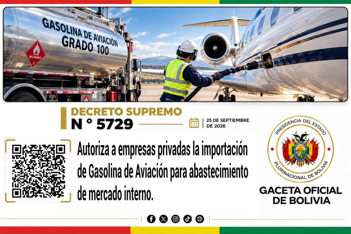 GacetOf_Bolivia's tweet photo. La #GacetaOficialDeBolivia pone a disposición el #DecretoSupremoN5729 de 25 de septiembre de 2026, para su consulta y conocimiento.
https://t.co/eloAtBunFf
Escanea el código QR para acceder al decreto directamente. https://t.co/6bMvynNg3s