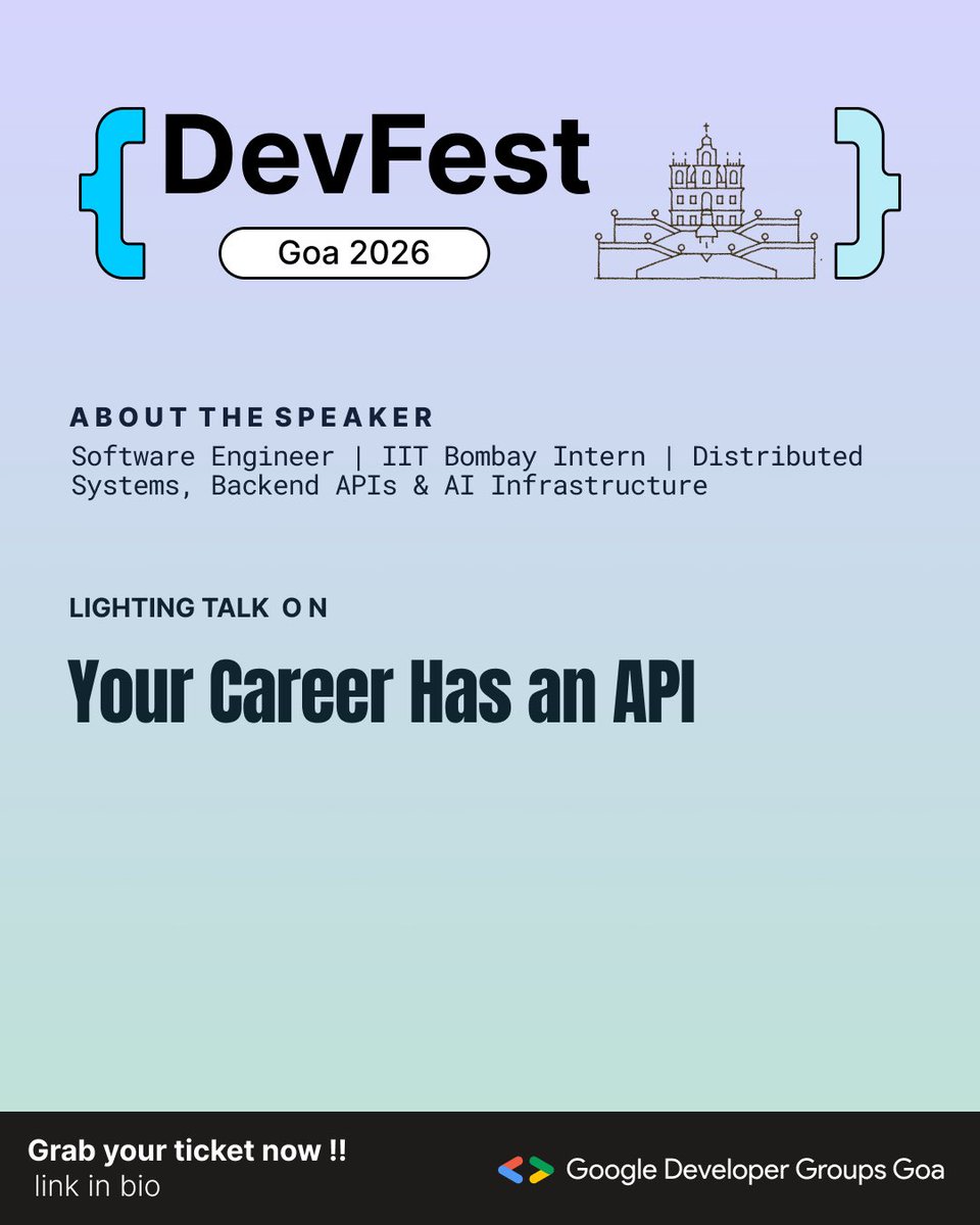 GDG_Goa's tweet photo. 🚀 Meet Tarandeep Singh at DevFest Goa ‘26

What if your resume could become an AI-powered representation of everything you've built? Explore RAG, AI agents, MCP, and the future of personal career systems.

📅 10 October 2026
🎟️ Tickets — Link in bio! https://t.co/g1M59KQ3Lr