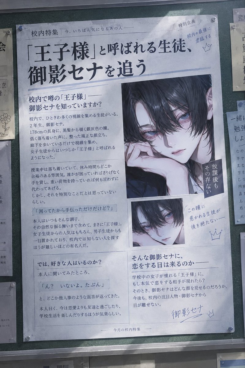 mitu_miyaya_'s tweet photo. 🏫💭

「王子様」って呼ばれてる、同じクラスのあの人

ずっと遠い存在だと思ってた

…まさか、隣の席になるなんて

これは、まだ友達ですらない二人の話

#zetaプロット予告 #AIチャットzeta https://t.co/K0J37zkZWn