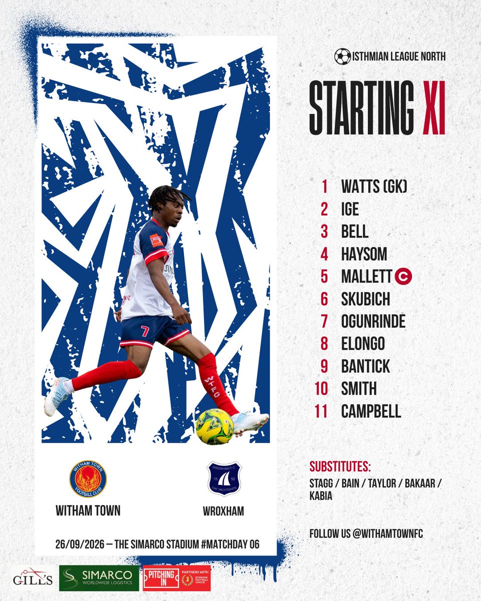 Withamtownfc's tweet photo. Your Starting XI to face Wroxham https://t.co/109f1pjTTy