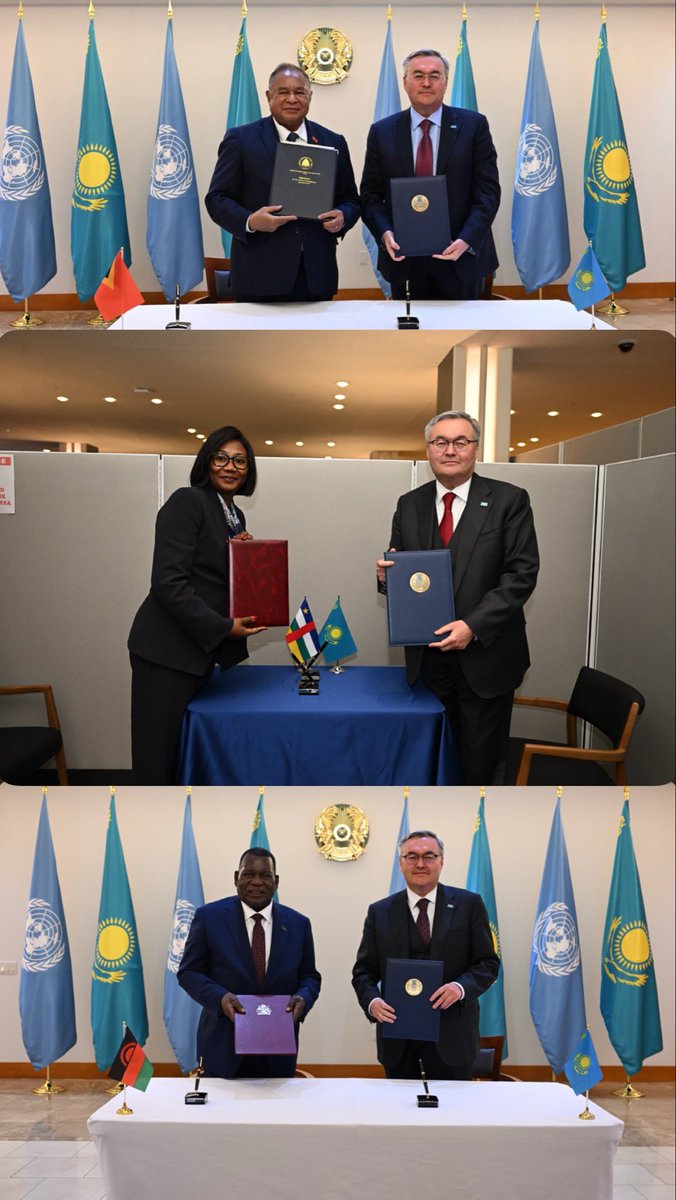 MBTileuberdi's tweet photo. Honored to be a Signing party for the Joint Communiqués on the establishment of diplomatic relations between Kazakhstan and Timor-Leste, Central African Republic and Malawi separately. I believe this is a beginning of expanding mutually beneficial relationship and fostering constructive cooperation with these countries