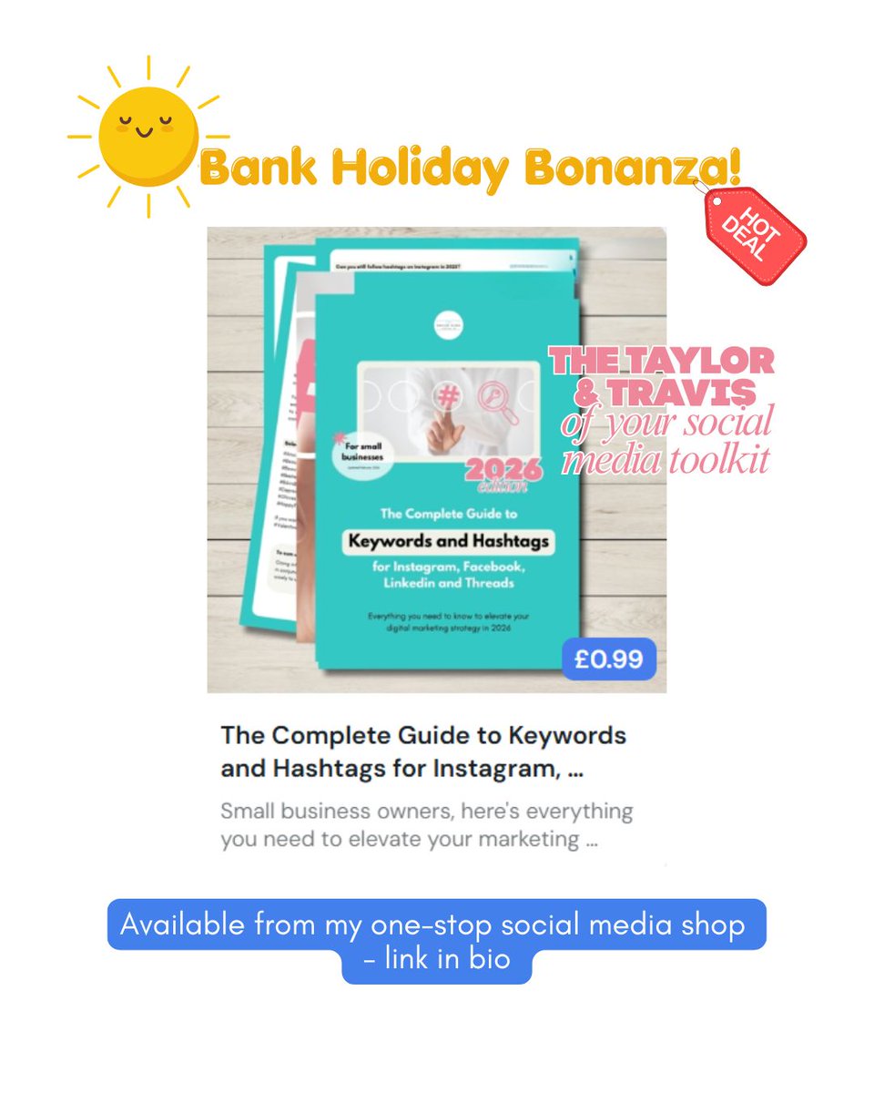ConradFitzfmu's tweet photo. 99 PROBLEMS, BUT THE PRICE AIN’T ONE

For one week only, every resource in my social media shop is just 99p
April–June 2026 Content Compendium
Complete Guide to Instagram Hashtags and Keywords for 2026
Little Book of Quotes
500+ accessible Health &amp; https://t.co/6PschSPbIG