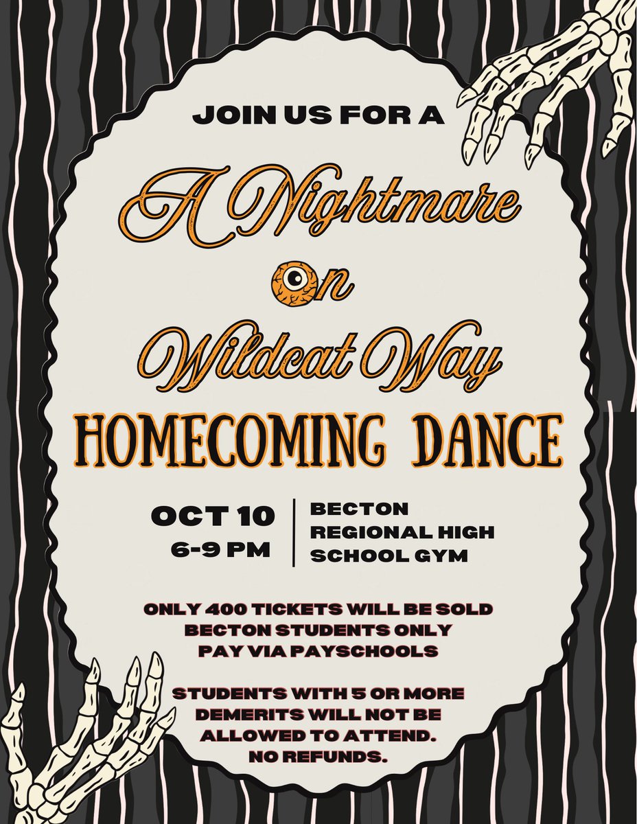 MissPolmann's tweet photo. 🦇 A NIGHTMARE ON WILDCAT WAY IS CALLING... 🐈‍⬛🕸️ 

Tickets for the 2026 HOMECOMING DANCE are on sale NOW only through PaySchools for $25—grab yours before they’re gone! 🎟️🎃👻 https://t.co/DkJcHHhw9r