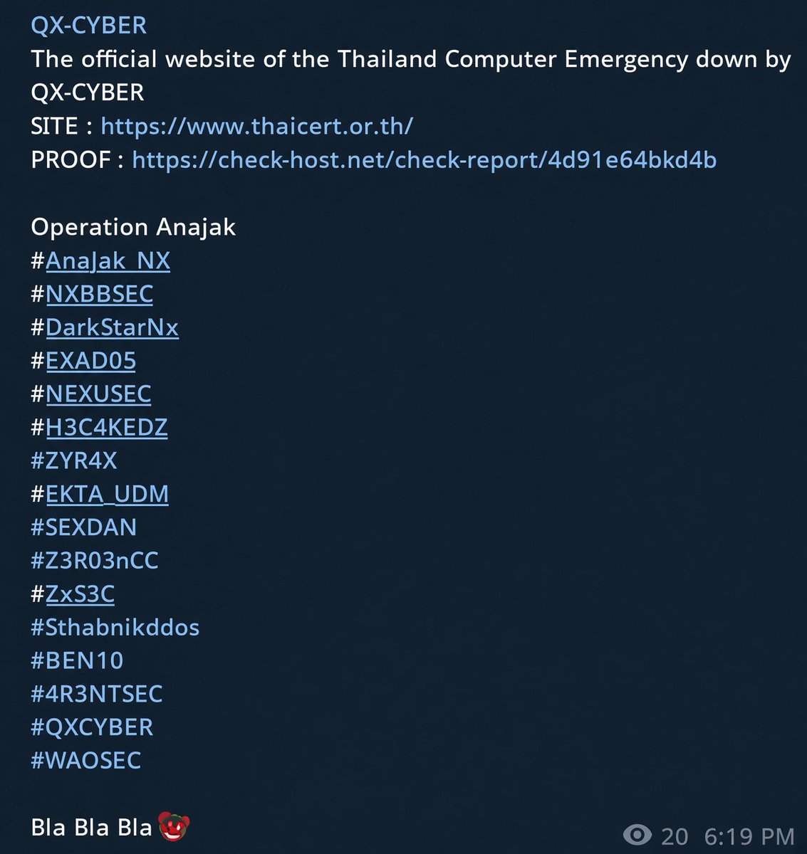 CyberPulse56's tweet photo. ‼️DDoS Attack Claim – ThaiCERT 🇹🇭

Target: Thailand Computer Emergency Response Team (ThaiCERT)
Threat Actor: QX-CYBER
Operation: Anajak NX
Claim: ThaiCERT website allegedly taken offline.

A Check-Host report was shared as alleged proof. ThaiCERT is Thailand’s national computer security coordination center. (https://t.co/5So2mIhP9T⁠)

⚠️ Attack claim remains unverified.