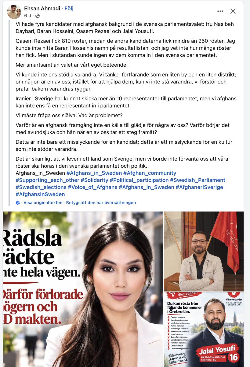 hanifbali's tweet photo. Balkanisering av Sverige fortsätter. 

Afghanska röster kräver nu bättre afghansk röstdiciplin,
jämför sig med Iranier. 

De tror att Ardalan Shekarabi, Ali Esbati osv är invalda och inkryssade enkom pga etnisk lojalitet från från sin etniska grupp.

Vi kommer sakna tiden då "mångfalden" i riksdagen var exotiska men hyperförsvenskade partigängare väl när denna nya ingruppsbesatta demografi är färdiga med det svenska valsystemet.