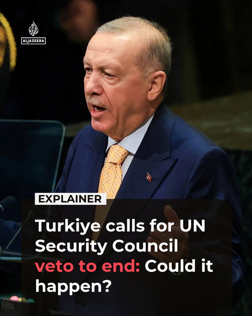 AJEnglish's tweet photo. Turkiye’s President Recep Tayyip Erdogan calls for the five permanent members of the UN Security Council (UNSC) to lose their veto power, arguing that the current system is “unjust” and hinders “global stability and peace.”

Read more here: https://t.co/pDuTyrmZ0m https://t.co/mijcWOYKnW