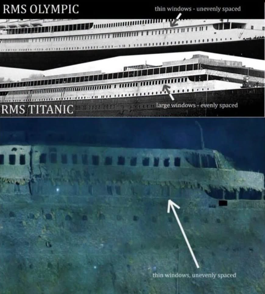 SmolfSmolf7's tweet photo. So you still think the Titanic sank, and not the Olympic? Pff...

Two ships, made by the same company, built side by side.

Then, in September 1911, a British navy cruiser rammed the Olympic and busted it right open. The Olympic limped home with damage above and below the water, the courts blamed the company, and the repair bill landed on them. No insurance to soften it.

You understand what they did next, right?

A few months later, the "brand new" Titanic set off on her first and last voyage. She took 1,500 people down with her, and the company cashed in one of the biggest insurance payouts of the era.

So with all that in mind, look at the windows, they don't match. Early shipyard photographs show the Titanic with 14 portholes on the C-deck, whereas the Olympic had 16. Then suddenly "the Titanic" had 16 C-deck portholes too.

Maybe my favorite part is that underwater photos show the letters "M" and "P" beneath the flaking paint, right where the name Titanic should be.

So you still want to convince me the Titanic sank? I wish J.P. Morgan were alive, so we could ask him which ship he did NOT get on, and why. 👀💸👇