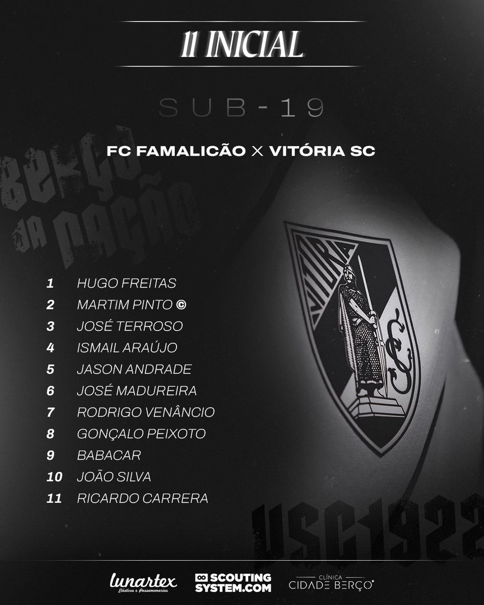 VitoriaSC1922's tweet photo. Mais um desafio no nosso caminho ✊ Eis o XI inicial para o #FCFVSC
💺 Paulo Carvalho, Santiago Mendes, Simão Barbosa, Dinis Bernardo, Afonso Neiva, Francisco Silva, Rafael Soares, Igor Cabral e João Teixeira
#Sub19VSC https://t.co/xNKLz0sib3