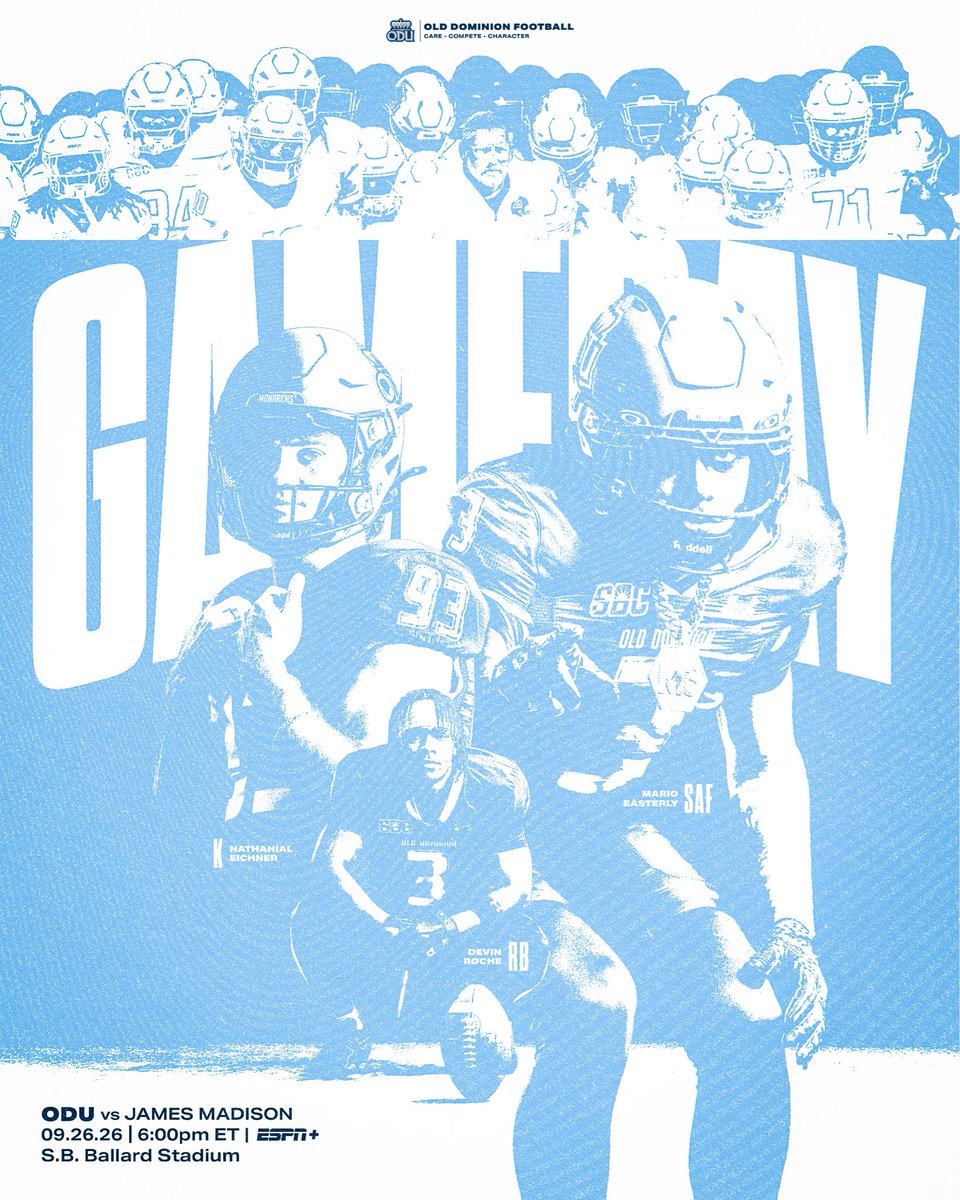 ODUFootball's tweet photo. GAMEDAY 👑

🆚: James Madison
⌚️: 6pm ET
📺: ESPN+
📍: S.B. Ballard Stadium

#ReignOn | #ALLIN https://t.co/J6XDQKnSxg