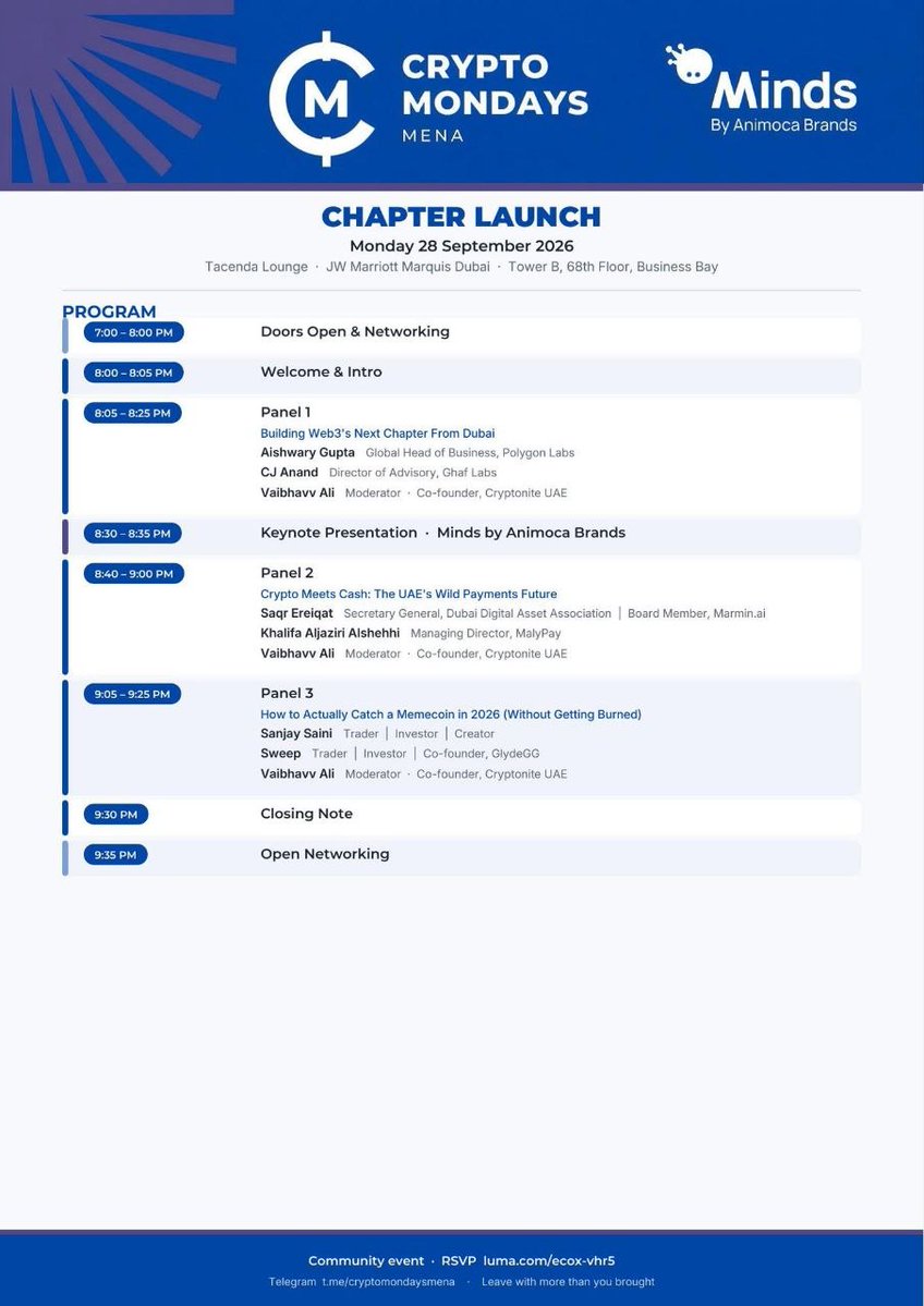 CryptoMondaysME's tweet photo. CryptoMondays MENA is officially launching in Dubai! 
​📍 Tacenda Lounge, JW Marriott Marquis Dubai (68th Fl)
📅 Monday, 28 Sept 2026 | 7:00 PM
Official Agenda is out!

​🔗 RSVP: https://t.co/DGPxmR1Hu9
💬 Telegram: https://t.co/kxEAd0MlrJ
#CryptoMondaysMena #Cryptomondays #DXB https://t.co/dsqWkeH1Dt