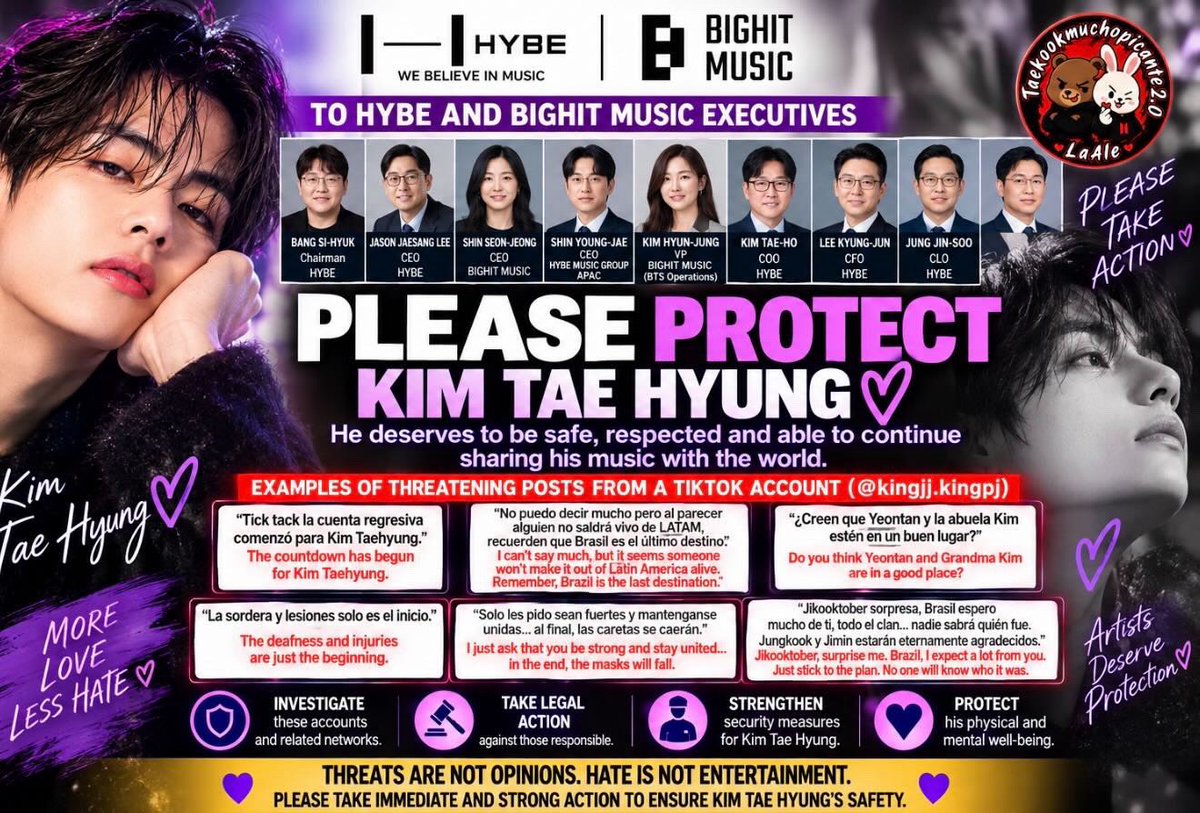 TaekookReporta's tweet photo. The company persists in releasing content in an attempt to divert attention from the demands being made regarding Kim Taehyung. Furthermore, the content they show fuels hatred toward Tae, as the focus is on fan service. BH, please stop promoting hatred toward Kim Taehyung! If you aren't going to respond to our requests, then at least don't encourage hate.
She used to be the head of the DC Gallery (a forum where hate against Kim Taehyung and Jungkook is generated and where they are defamed), and she is now the company's CEO.

@bts_bighit 
@HYBEOFFICIALtwt 

#ShinSeonjeong 

PROTGE A TAEHYUNG 
PROTEGE A TU ARTISTA
BIGHIT Y HYBE, TOMEMOS ACCIÓN
#ProtectTaehyung #ProtectYourArtis