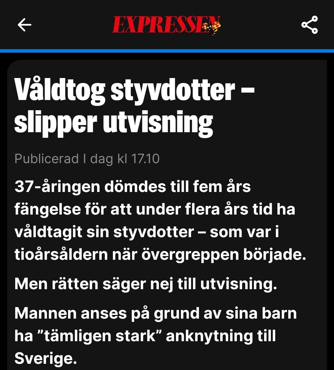 Nordskimrir's tweet photo. Han våldtog sin styvdotter i två år. Hon var tio när det började.

Fem års fängelse. Ingen utvisning.

Skälet? Hans barn. En utvisning skulle drabba dem för hårt, enligt tingsrätten.

En man som våldtar ett barn i sitt eget hem skyddar inte barn. Han är en fara för dem.

Rätten använder barnen som skäl att låta honom stanna. Barnens säkerhet borde vara skälet att han ska lämna landet.
https://t.co/l9yHryAO4b