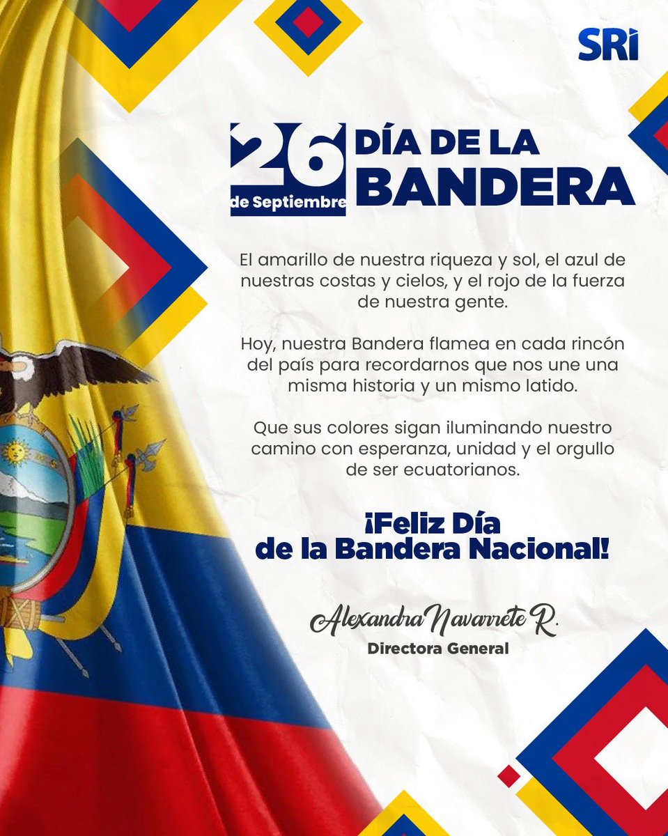 AlexaNavarreteR's tweet photo. Hoy miramos nuestra bandera y recordamos todo lo que nos une. 

Sus colores representan nuestra historia, nuestra identidad y el orgullo de trabajar cada día por un Ecuador que avanza.

Que llevar sus colores siempre nos recuerde el compromiso de servir a nuestro país.

¡Feliz Día de la Bandera! 🇪🇨