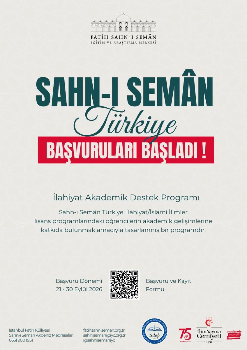 sahnisemaniyc's tweet photo. Sahn-ı Semân Türkiye 2026–2027 Dönemi Başvuruları Başladı!

Fatih Sahn-ı Semân Eğitim ve Araştırma Merkezi tarafından yürütülen Sahn-ı Semân Türkiye, İstanbul dışındaki İlahiyat fakültelerinde öğrenim gören 1. sınıf öğrencilerine yönelik 2 yıllık bir akademik destek programıdır.

Program boyunca öğrenciler; İslam ilim ve düşünce geleneğini tanıma, temel metinlerle buluşma, düzenli okuma ve müzakere alışkanlığı kazanma imkânı buluyor. Ders, seminer ve farklı eğitim faaliyetleriyle zenginleşen program, öğrencilerin üniversite eğitimlerini daha güçlü bir ilmî perspektifle sürdürmelerine katkı sunmayı hedefliyor.

* 29 il
* 31 İlahiyat Fakültesi
* 2 yıllık eğitim programı
* 1. sınıf öğrencileri başvurabilir

⏳ Son Başvuru: 30 Eylül 2026

🔗 Detaylı bilgi ve başvuru:
https://t.co/EmDMJe5w3K

@iycgenelmerkez