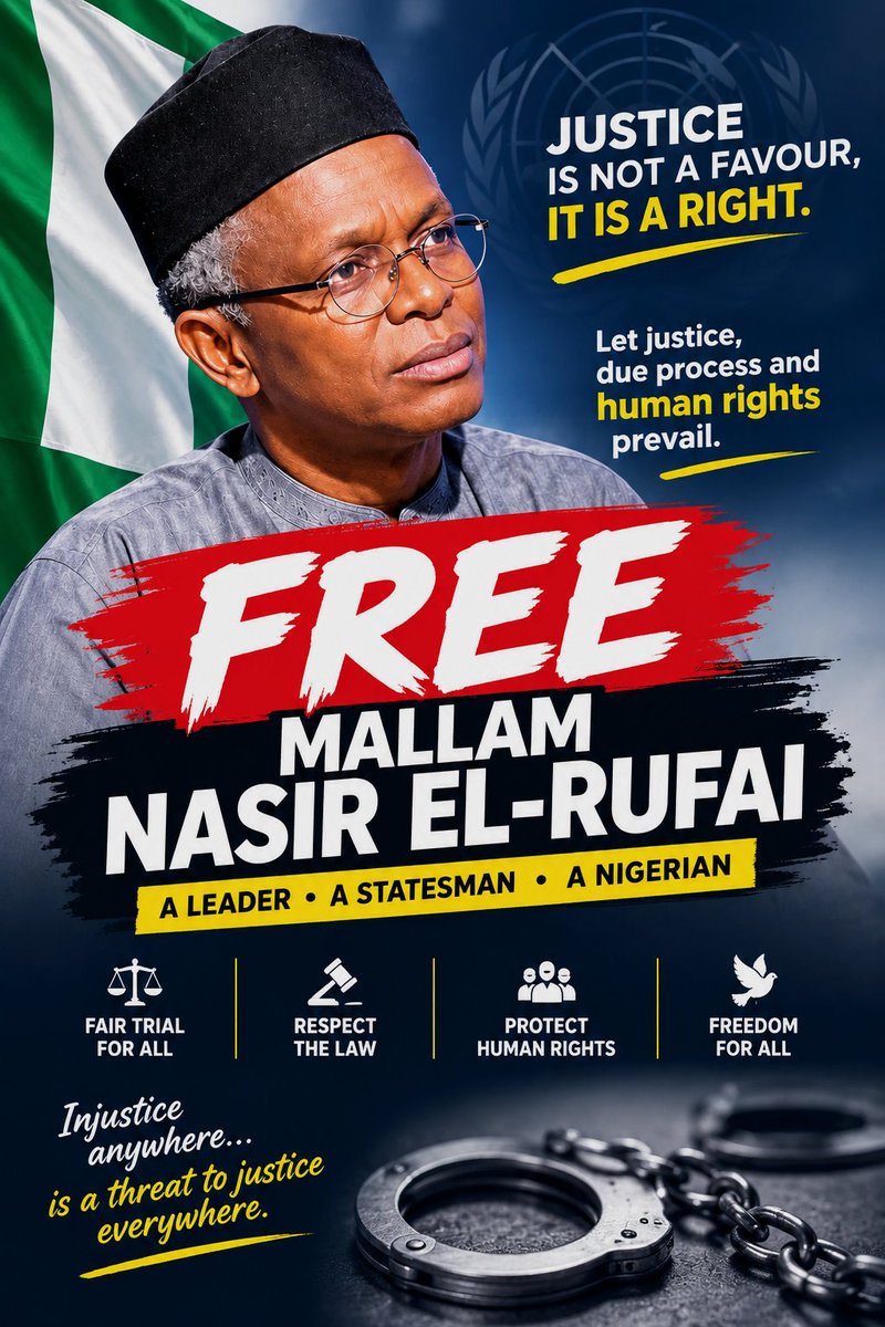Muhamma33773523's tweet photo. Freedom is a human right, not a privilege.
No person should be denied liberty without due process and the full protection of the law.
We call for justice, transparency, and respect for the fundamental rights of Mallam Nasir El-Rufai.
Let justice prevail. Let human rights matter. https://t.co/cavdNPcxM1