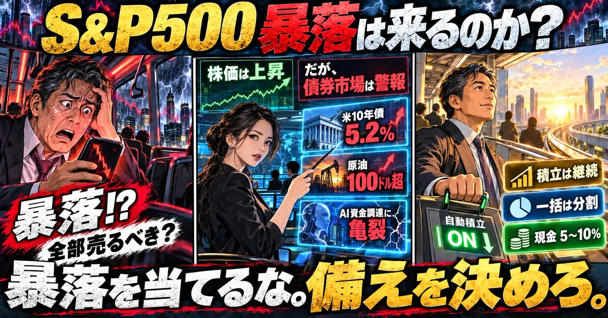 328351km's tweet photo. 【S&P500、本当に暴落する？】

SNSでは「急落の兆候」「現金が王様」と警告が増えています。

確かに今は…

⚠️ 米10年債利回り5.2％
⚠️ 原油100ドル超
⚠️ AI資金調達に亀裂

ただし、まだ「暴落確定」ではありません。

投資初心者がやるべきは全部売ることではなく、

✅ 新NISAの積立は継続
✅ 一括投資は数回に分割
✅ 現金を5〜10％確保

未来を当てるより、下落しても慌てない準備を。

「暴落を当てるな。備えを決めろ。」

あなたは積立継続？それとも現金を増やす？

#S&P500 #新NISA #投資初心者 #米国株