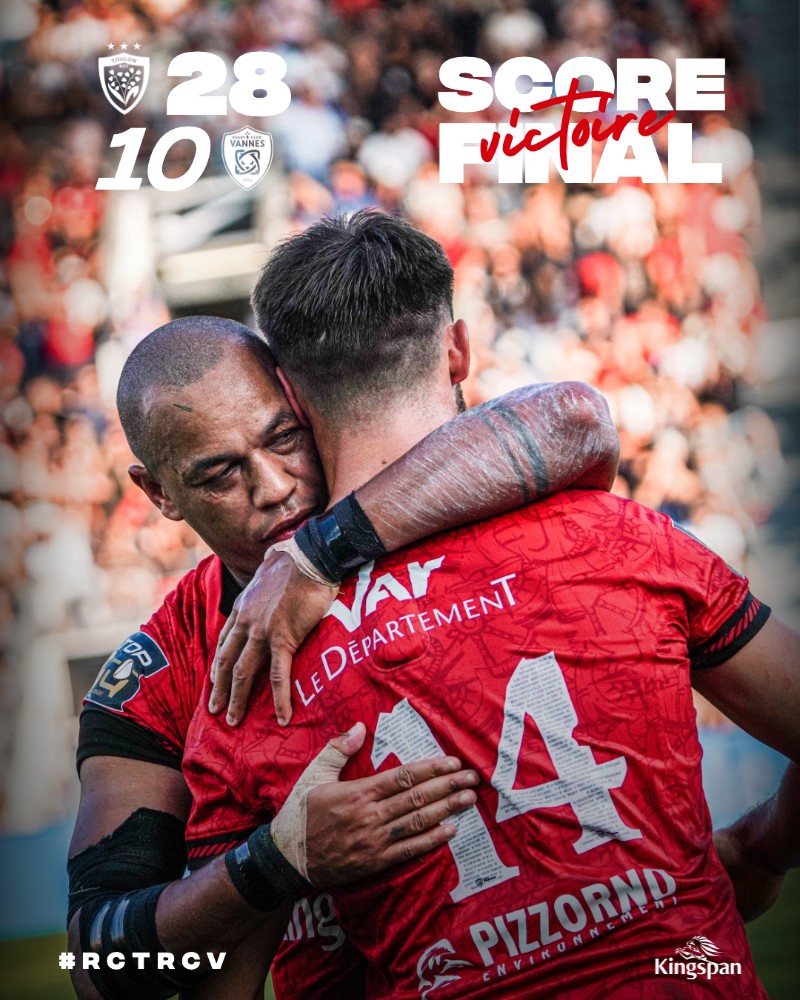 RCTofficiel's tweet photo. [⏱80'] 28-10
𝗩𝗜𝗖𝗧𝗢𝗜𝗥𝗘 😍

Nos Toulonnais ont relevé la tête en seconde période et s'imposent avec le bonus offensif ! 🔥

Merci à tous nos supporters pour votre soutien 🫶

#ParceQueToulon #RCTRCV https://t.co/Y79jyOLdbs