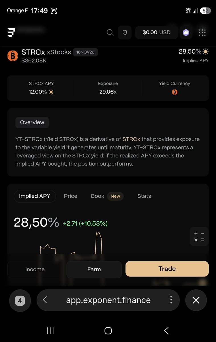 FastLife's tweet photo. To answer, yes you can do it with @ExponentFinance too instead of Pendle if you wanna stay on SOL eco.

Two important points:

CONS ⛔ 
YT costs more when implied yield is higher. Exponent prices ~28% implied APY vs Pendle ~17–18% on the Nov market, so you pay more today for the same STRC dividend stream to maturity.
Maturities and chains differ (ETH vs Solana), so the cleanest compare is the one normalized to 16 Nov. Price move every days. 

PRO ✅ 
Exponent has a Points Hub that tracks usage (Income / Farm / Liquidity, LP, v2 activity). An official XPN token / genesis airdrop has not been confirmed yet, but you probably farm two airdrop at once here.