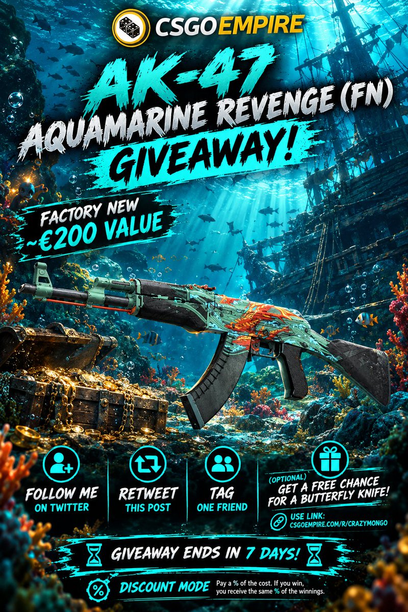 Crazy_Mongo's tweet photo. 🏆 AK-47 AQUAMARINE REVENGE GIVEAWAY! 🏆
💰 FACTORY NEW | €200 VALUE
✅ TAG ONE FRIEND
✅ FOLLOW ME
✅ RETWEET THIS POST

✳️ OPTIONAL: Get a FREE chance to win a BUTTERFLY KNIFE!

🎁 USE CODE: CRAZYMONGO
🔗 https://t.co/8TU1Yf5dwW

💸 DISCOUNT MODE: Pay a % of the cost. If you win, you receive the same % of the winnings.

⌛ GIVEAWAY ENDS IN 7 DAYS! ⌛

#cs2 #giveaway