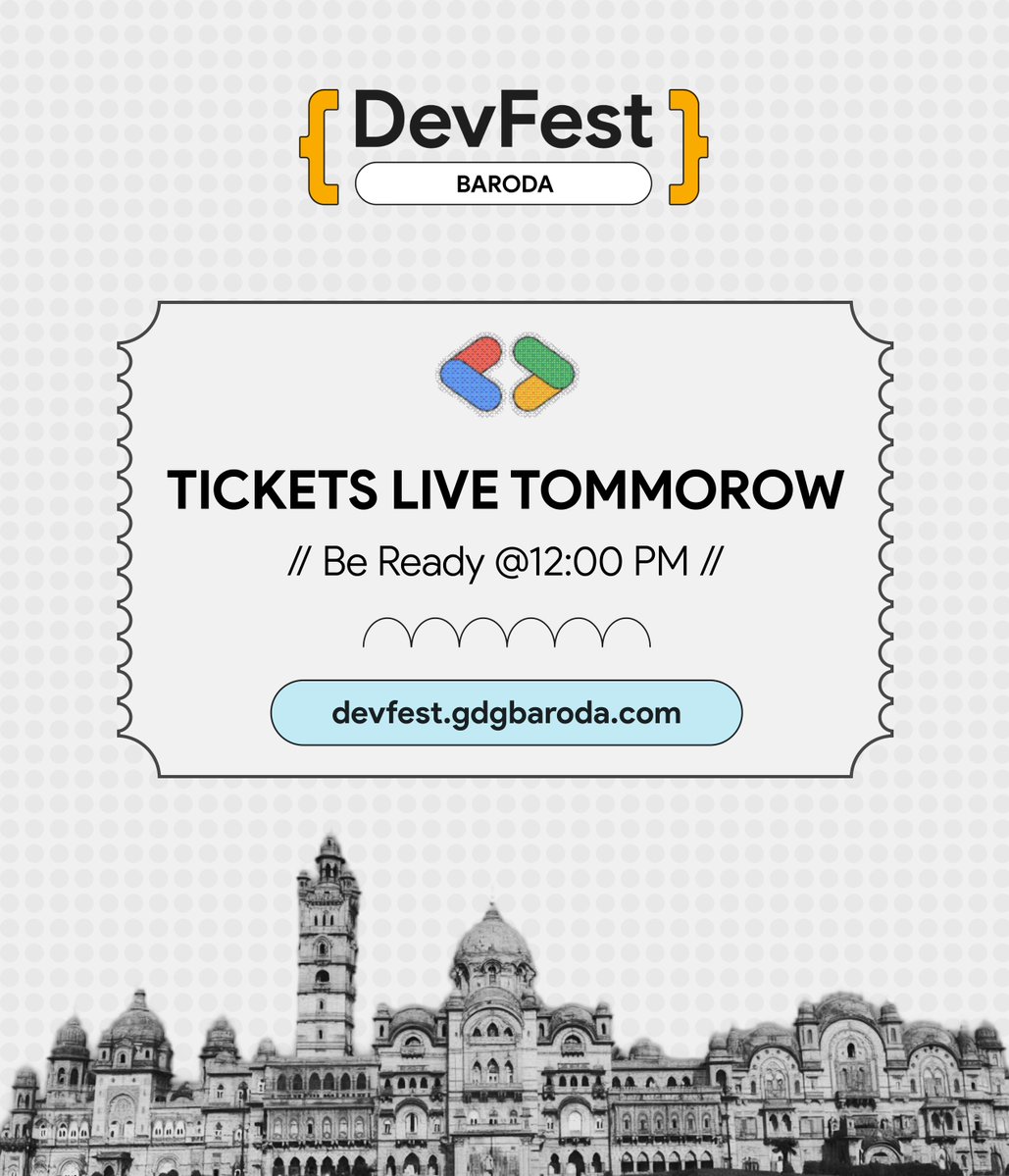 GDGBaroda's tweet photo. ⏰ Tickets drop TOMORROW at 12 PM!

🚀 #DevFestBaroda 2026 is coming! Join Vadodara’s premier single-track tech conference for software engineers.

🎟️ Limited to 400 seats. Be ready!

🔗 https://t.co/RW9uBBiloI

#GDGBaroda #DevFest2026 #VadodaraTech https://t.co/Wx3lZRrXmo