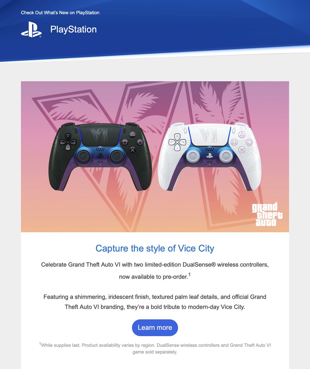 iGrandTheftAuto's tweet photo. PlayStation appears to be back on the GTA 6 marketing trail. I've just received a "Here's your PlayStation update" email featuring the limited edition Black and White DualSense controllers, with the "Learn more" link taking you to their GTA VI DualSense video on YouTube. https://t.co/n7H5XeXFvl