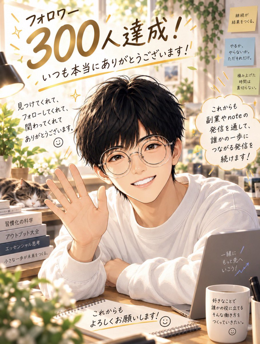 Kakerubusire's tweet photo. フォロワー300人突破しました㊗️

いつも見てくれて、いいね・リプ・リポストで関わってくださり、

本当にありがとうございます！！

日頃の交流がすごく励みになっています😊

これからも副業やnoteの挑戦を通して、

少しでも誰かの役に立てる発信を続けます。

今後ともよろしくお願いします！！ https://t.co/QjG5QvCjJs