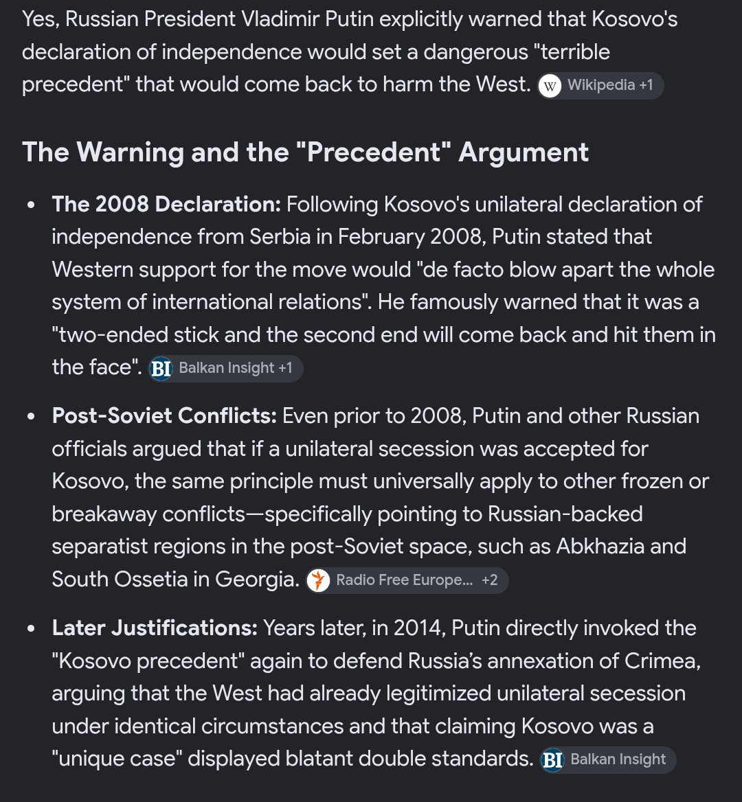 TheDarkFacts's tweet photo. Chechnya was an internal matter of Russia.

The 2008 Georgian war was started by Georgia, as stated in the EU report.

Kosovo set the precedent for Crimea.

Russia entered Syria at the invitation of the Syrian government.

Meanwhile, your so-called defensive alliance bombed Yugoslavia for 78 days straight. It entered Iraq on false pretenses. Libya, Afghanistan, and many others followed — yet you remain blind to all of it.

Stop being a hypocrite.