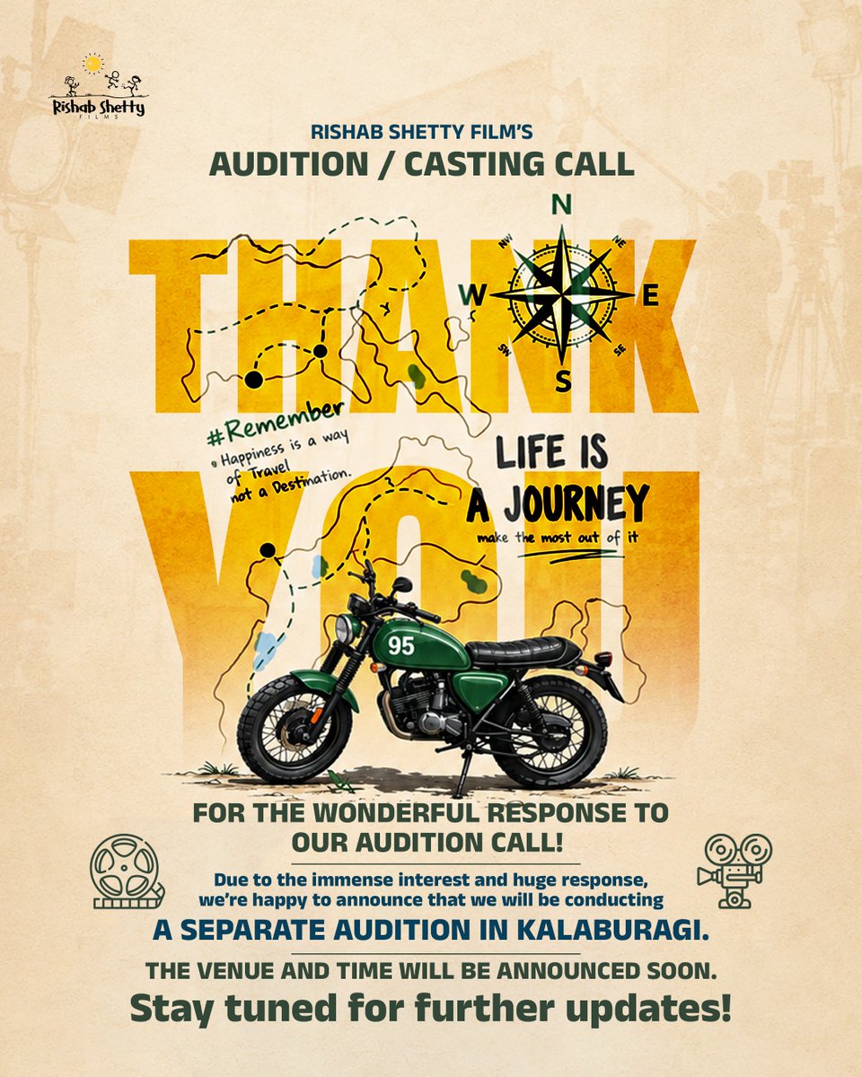 shetty_rishab's tweet photo. ಉತ್ತರ ಕರ್ನಾಟಕದ ಪ್ರತಿಭೆಗಳಿಗಾಗಿ ಪ್ರತ್ಯೇಕ ಅವಕಾಶ. ಕಲಬುರಗಿಯಲ್ಲಿ ಆಡಿಷನ್ ಆಯೋಜಿಸುತ್ತಿದ್ದೇವೆ. 🎬✨

ಸ್ಥಳ ಮತ್ತು ಸಮಯವನ್ನು ಶೀಘ್ರದಲ್ಲೇ ತಿಳಿಸಲಾಗುವುದು.

ಬೆಂಗಳೂರು ಮತ್ತು ಸುತ್ತಮುತ್ತಲಿನ ಪ್ರತಿಭೆಗಳಿಗಾಗಿ  ಅಕ್ಟೋಬರ್ 02ರಂದು ವಿಜಯ ಕಾಲೇಜು, ಜಯನಗರ, ಬೆಂಗಳೂರಿನಲ್ಲಿ ಆಡಿಷನ್ ನಡೆಯಲಿದೆ.

ನಿಮಗೆ ಅನುಕೂಲವಾಗುವ ಸ್ಥಳವನ್ನು ಆಯ್ಕೆ ಮಾಡಿಕೊಂಡು, ಈ ಸುಂದರ ಪ್ರಯಾಣದ ಭಾಗವಾಗಿ! ❤️

We’re pleased to announce a separate audition in KALABURAGI for aspiring talents from North Karnataka and surrounding areas.

The venue and timings for Kalaburagi will be announced soon. Stay tuned!

Talents from Bengaluru and nearby areas can attend the Bengaluru audition on OCTOBER 02nd at Vijaya College, Jayanagar, Bengaluru.

Choose the location that’s most convenient for you and be a part of this exciting journey! 🎬❤️