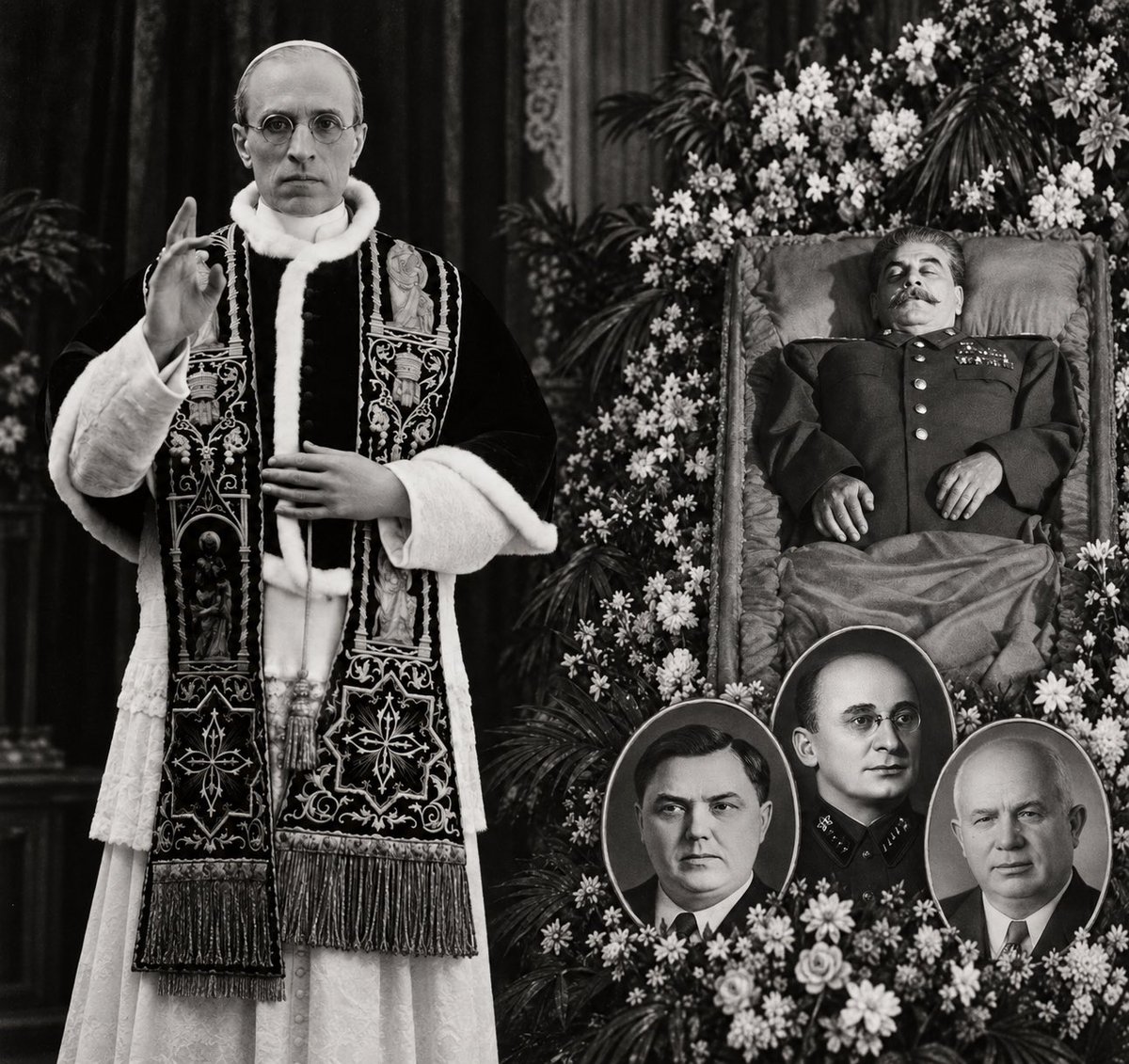 RepublicainQ's tweet photo. 1953, l’athée Staline meurt, seul et paranoïaque. 

À sa célèbre moquerie : « Le pape ? Combien de divisions ? » Pie XII répond alors : « Joseph, mon fils, mes divisions, tu les vois maintenant ».

À peine disparu, Malenkov, Beria et Khrouchtchev organisent la déstalinisation. https://t.co/765eUraMKW