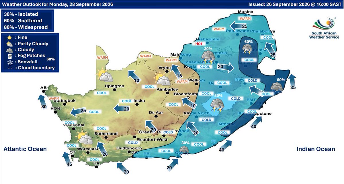 SAWeatherServic's tweet photo. Weather outlook for Monday &amp; Tuesday: Partly cloudy &amp; cool conditions are expected, but it will be warm in places over the northern parts of the RSA, with isolated to scattered showers &amp; thunderstorms possible over the central and eastern parts of the country. https://t.co/HSbAwZm0gE