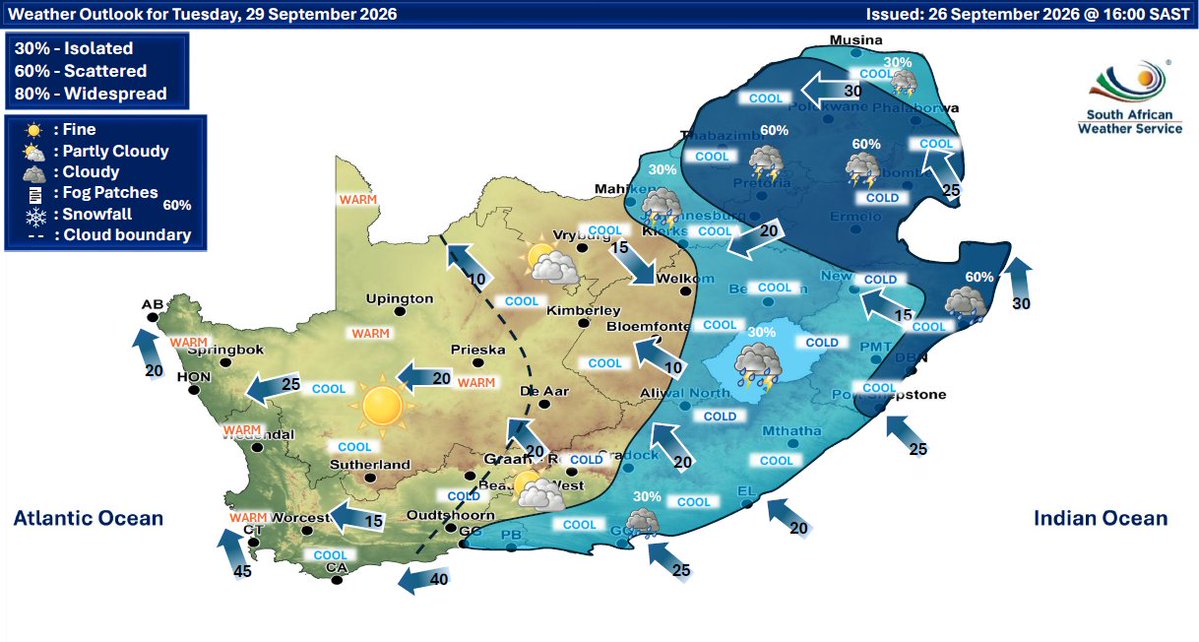 SAWeatherServic's tweet photo. Weather outlook for Monday &amp; Tuesday: Partly cloudy &amp; cool conditions are expected, but it will be warm in places over the northern parts of the RSA, with isolated to scattered showers &amp; thunderstorms possible over the central and eastern parts of the country. https://t.co/HSbAwZm0gE