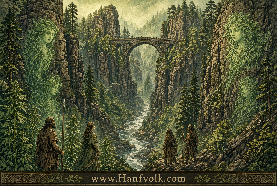 hanfvolk's tweet photo. Die steinernen Wächter über der Elbe  

Wo der Fluss sich durch Sandstein frisst und die Felsen wie Orgelpfeifen in den Himmel stehen, lebte das Hanfvolk in den Gründen unter der Bastei. Die Türme aus Stein sind älter als jede Burg. Wind und Wasser haben sie geschnitten, lange bevor Menschen Leitern anlegten. Später setzten die Herren eine Felsenburg in die Wände – Neurathen, im dreizehnten Jahrhundert zuerst genannt –, einen Horst aus Holz und Fels, von dem man den Strom sehen und den Weg sperren konnte. 
Unten, in feuchten Kesseln zwischen den Nadeln, wuchs der Hanf. Die Geister dort hatten Gesichter aus Blatt und aus Sandsteinstaub. Sie liebten die Enge. Wer zwischen den Felsen flüstert, den trägt das Echo weiter, als wäre der ganze Wald ein einziges Ohr. Die Ahnen banden Seile für Steige und Stege. Ohne Faser kommt niemand hinauf, und ohne Faser kommt niemand heil wieder runter.  

Es gab Zeiten der Raubritter und Zeiten der Maler. Die einen nahmen den Weg, die anderen nahmen das Licht. Das Hanfvolk nahm keines von beiden. Es blieb in den Schluchten, wo die Sonne nur mittags hinfällt und der Stein nach Regen riecht. Wenn Nebel aus der Elbe steigt und die Bastei wie eine Insel über dem Weiß liegt, gehen die blattgesichtigen Gestalten über die schmalen Rücken, barfuß, als wären Fels und Halm dasselbe.  

Die Burg verfiel. Die Felsen blieben. Wer heute über die Brücke zwischen den Türmen geht und in die Tiefe blickt, sieht zuerst Abgrund. Wer länger blickt, merkt manchmal Grün, wo kein Baum stehen sollte – einen einzelnen Halm in einer Ritze, und darüber ein Licht, das kein Himmel erklärt. Dann steht das Hanfvolk unter der Bastei und hält den Stein fest, nicht mit Mauern, sondern mit Wurzeln.