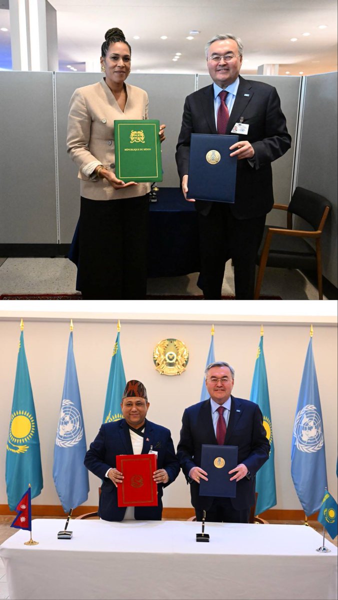 MBTileuberdi's tweet photo. On the margins of #UNGA81 signed Agreements on Mutual Exemption from Visa Requirements for holders of diplomatic and service/official passports with #Benin and #Nepal. These documents will facilitate greater mobility and political ties between our countries. https://t.co/FeMpht2jVB