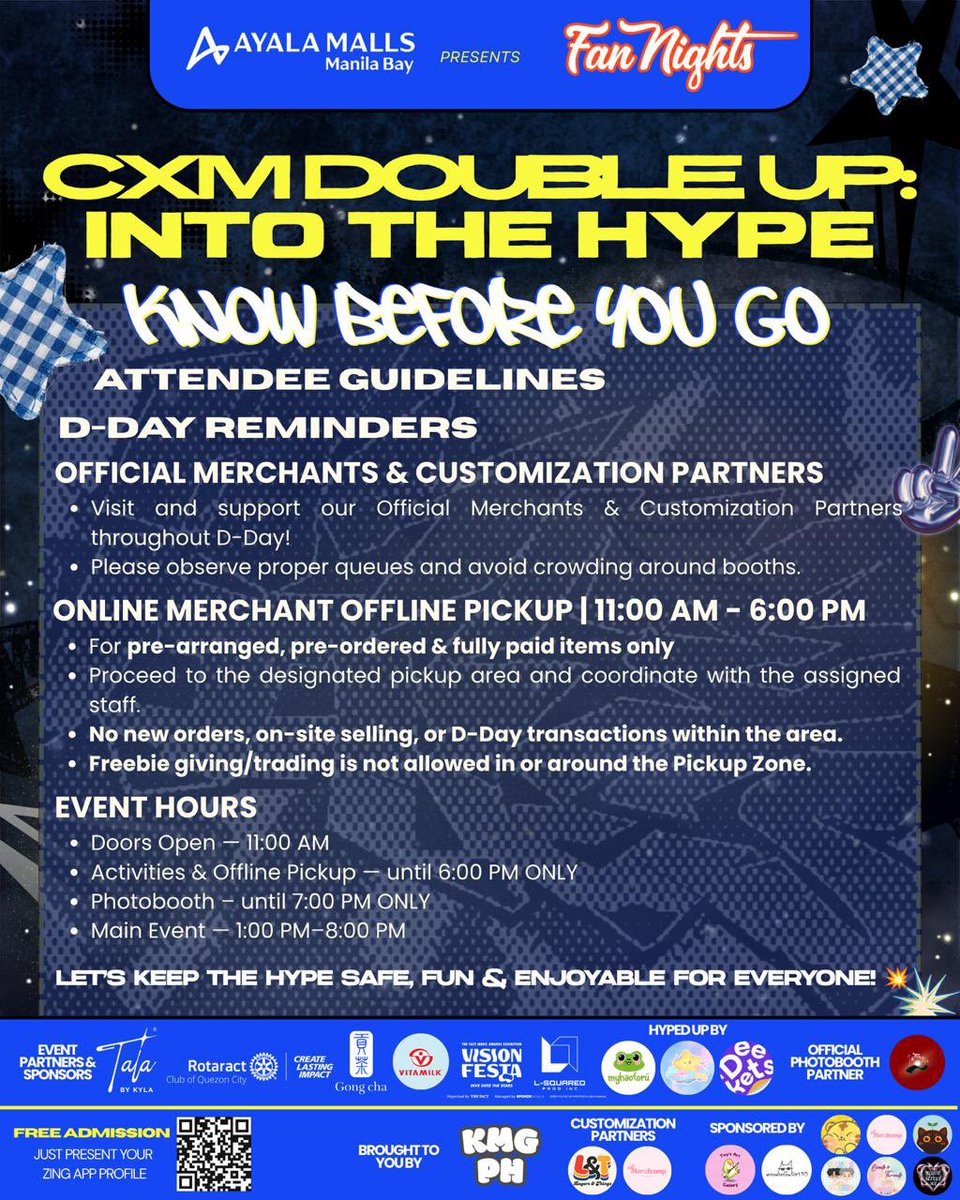 kmingyu_extph's tweet photo. CARATs, WE’RE ALMOST THERE! 💙💛

Before we officially DOUBLE UP INTO THE HYPE tomorrow, here are a few important D-Day reminders to help everyone have a smooth, safe, and HYPE-filled experience! 👀💥

Swipe through our Attendee Guidelines, D-Day Reminders, and Event Floor Plan so you know what to expect, where to go, and what to keep in mind throughout the day.

🚪 Doors open at 11:00 AM
🎤 Main Program: 1:00 PM–8:00 PM
📍 Sun Garden, Ayala Malls Manila Bay

Don’t forget to have your ZING App profile ready for entry, keep an eye on your belongings, follow the designated queues, and be mindful of your fellow CARATs as we enjoy the space together.🫶

Freebie giving and trading are welcome within the event’s open areas! Just remember to keep pathways clear and avoid conducting trades or freebie distribution in or around the Online Merchant Offline Pickup Zone.

There’s A LOT waiting for you tomorrow, from our merchants and partners to the Game Zone, photobooth, activities, and more 👀

We hope you're ready to come for a full day of HYPE!

See you TOMORROW, CARATs! 🥹💙💛

DOUBLE UP AND GET INTO THE HYPE! 💥

#CxMHYPEinAMMB #DOUBLEUPinAMMB #FanNightsAtAMManilaBay #AtTheBay