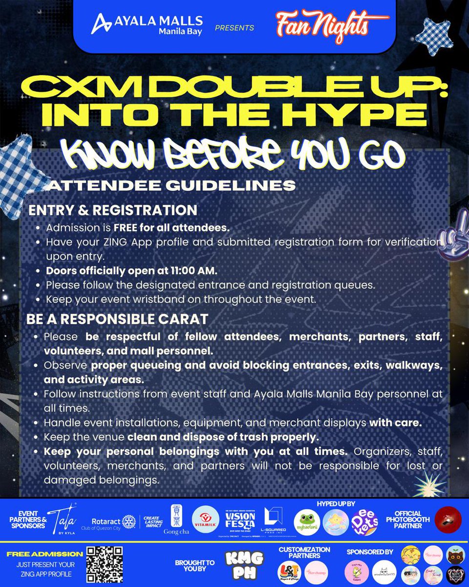 kmingyu_extph's tweet photo. CARATs, WE’RE ALMOST THERE! 💙💛

Before we officially DOUBLE UP INTO THE HYPE tomorrow, here are a few important D-Day reminders to help everyone have a smooth, safe, and HYPE-filled experience! 👀💥

Swipe through our Attendee Guidelines, D-Day Reminders, and Event Floor Plan so you know what to expect, where to go, and what to keep in mind throughout the day.

🚪 Doors open at 11:00 AM
🎤 Main Program: 1:00 PM–8:00 PM
📍 Sun Garden, Ayala Malls Manila Bay

Don’t forget to have your ZING App profile ready for entry, keep an eye on your belongings, follow the designated queues, and be mindful of your fellow CARATs as we enjoy the space together.🫶

Freebie giving and trading are welcome within the event’s open areas! Just remember to keep pathways clear and avoid conducting trades or freebie distribution in or around the Online Merchant Offline Pickup Zone.

There’s A LOT waiting for you tomorrow, from our merchants and partners to the Game Zone, photobooth, activities, and more 👀

We hope you're ready to come for a full day of HYPE!

See you TOMORROW, CARATs! 🥹💙💛

DOUBLE UP AND GET INTO THE HYPE! 💥

#CxMHYPEinAMMB #DOUBLEUPinAMMB #FanNightsAtAMManilaBay #AtTheBay